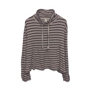 Pact Sweater Women's Size Extra Large Tan Black Striped Waffle Cowl Neck Cotton